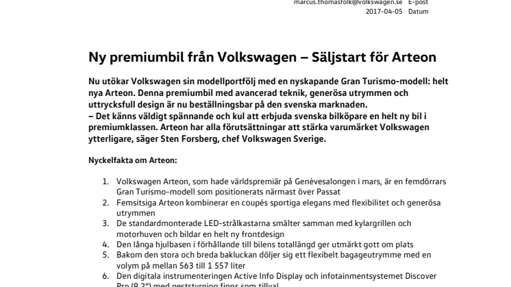 Ny premiumbil från Volkswagen − Säljstart för Arteon