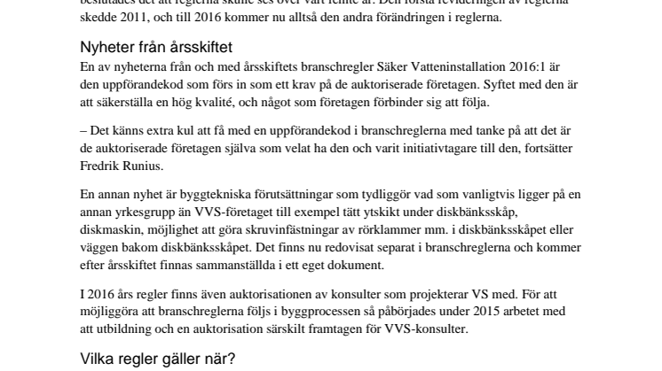 Nya branschregler för en Säker Vatteninstallation från och med 1 januari 2016