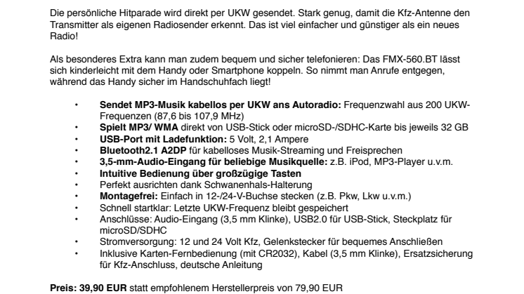 auvisio FM-Transmitter mit Bluetooth-Freisprecher FMX-560.BT KFZ/Auto