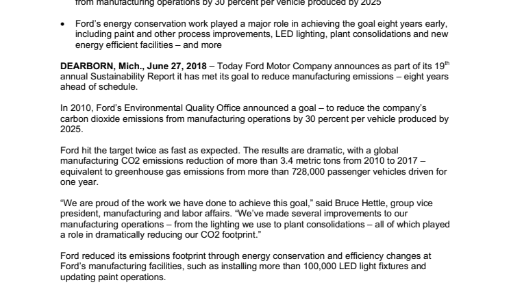 Ford sætter fart på miljømål og når CO2-målsætning otte år før tid  