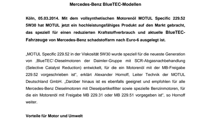 MOTUL Specific 229.52 5W30: Neues Motorenöl speziell für reduzierten Kraftstoffverbrauch in aktuellen Mercedes-Benz BlueTEC-Modellen