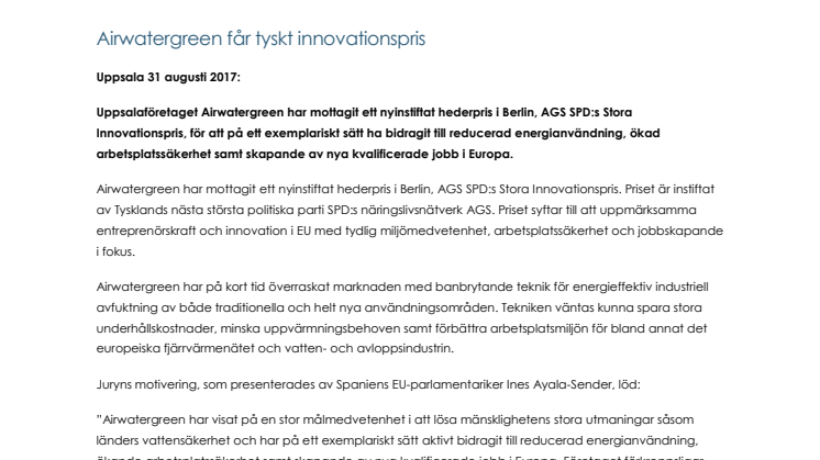 Airwatergreen får tyskt innovationspris