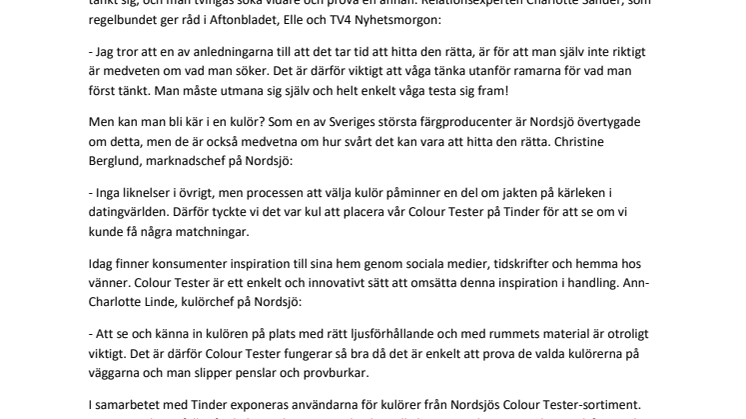 Tinder och Nordsjö inleder romantiskt samarbete