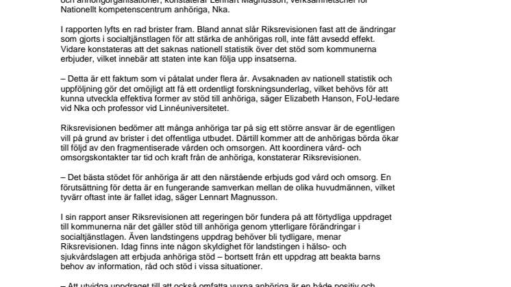 Nka delar Riksrevisionens syn på dagens anhörigstöd 
