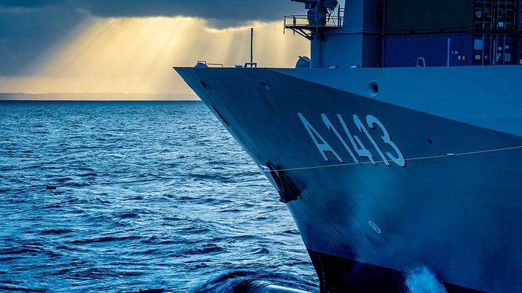 German Navy replenishment ship FGS Bonn at sunset. Credit: Brian Djursley