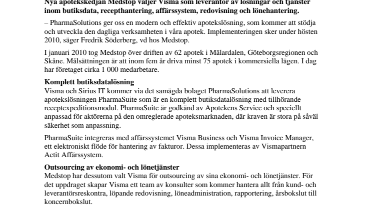 Medstop väljer Visma som leverantör till apotekssatsning