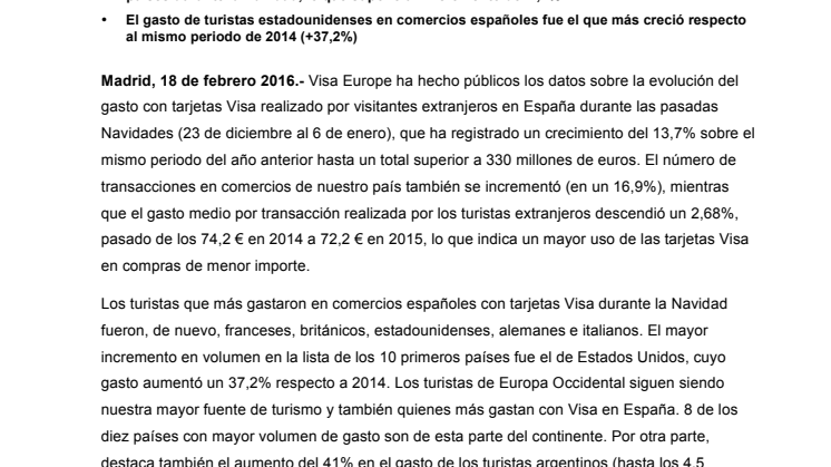 El gasto de los turistas extranjeros con tarjeta Visa en comercios en España creció un 13,7% durante la Navidad