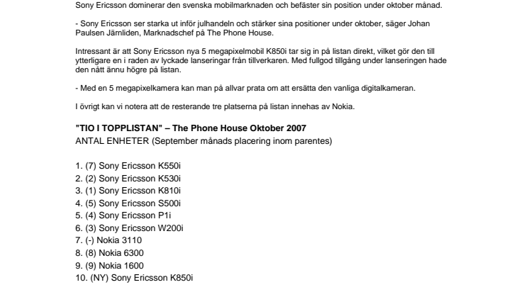 Topplistan: Sony Ericsson ser starka ut inför julhandeln