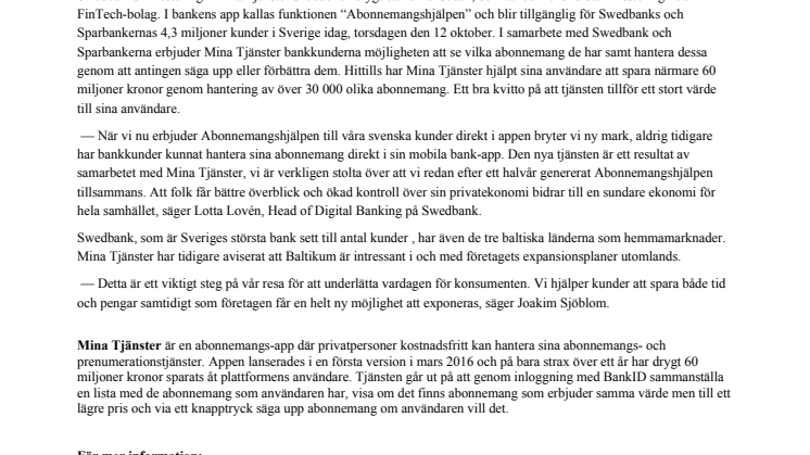 Swedbank integrerar FinTech-bolaget Mina Tjänster i sin app