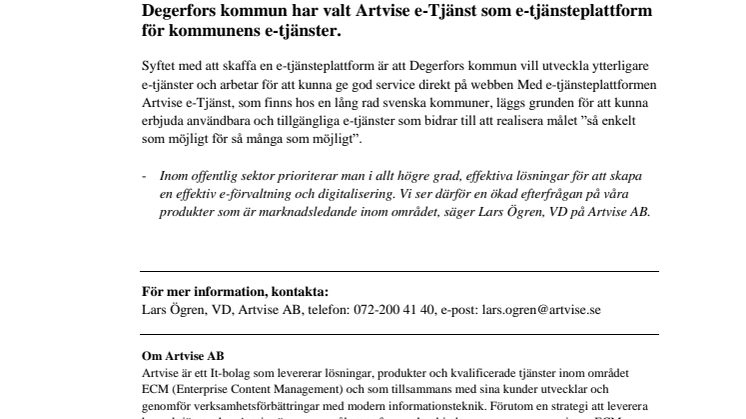 Artvise får order från Degerfors kommun gällande Artvise e-Tjänst!