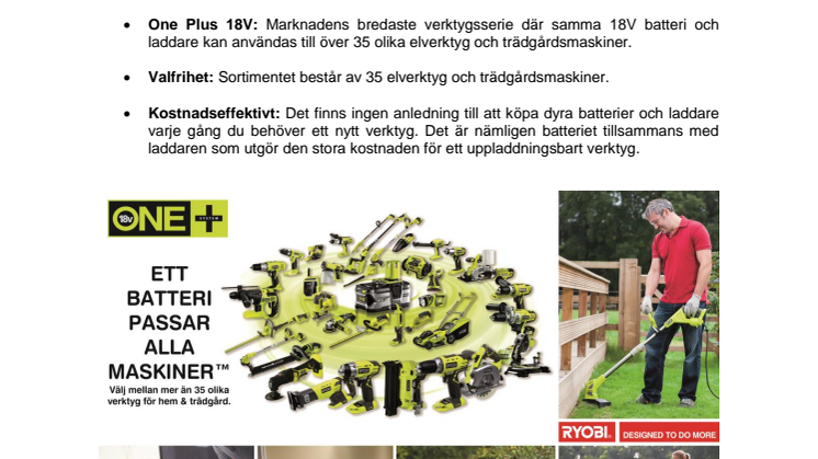 RYOBIS® SORTIMENT AV ONE+™ VERKTYG HAR BLIVIT ÄNNU BÄTTRE - Nu med 5 nya verktyg i sortimentet