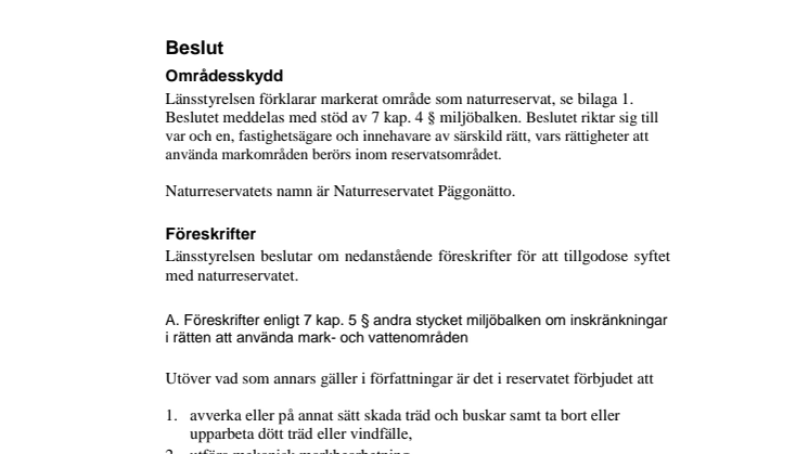 Beslut - bildandet av naturreservatet Päggonätto i Torsby kommun