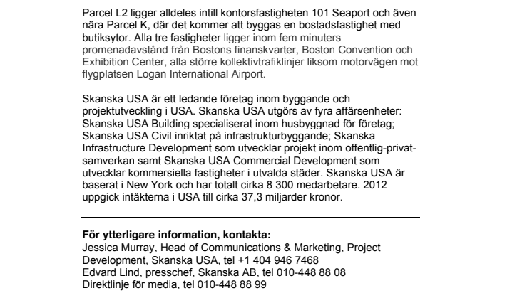 Skanska investerar i mark i Boston, USA, för cirka 234 miljoner kronor