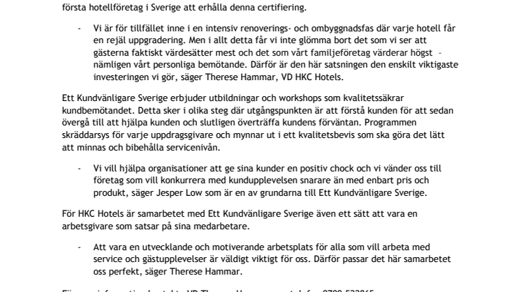 HKC Hotels blir första hotellföretag att certifieras inom service och kundbemötande