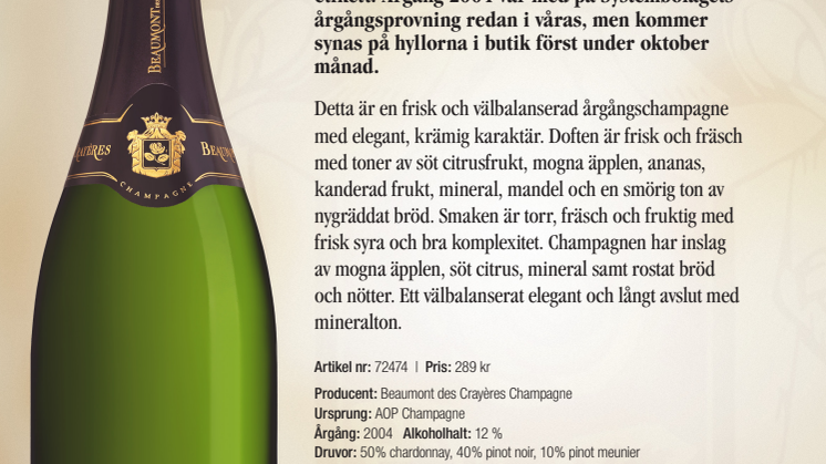Ny prisad årgång av vintagechampagnen Beaumont des Crayères Fleur de Prestige!