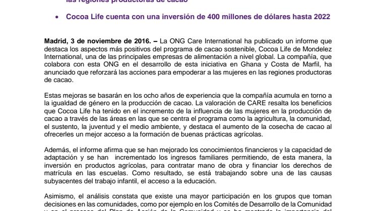 El programa de cacao sostenible, Cocoa Life refuerza de papel de las mujeres en el entorno agrícola