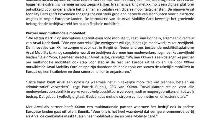 Arval en XXImo zetten volgende stap naar integraal mobiliteitsbeleid met internationaal partnership