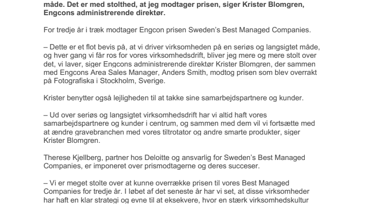 011021_Press_Engcon modtager pris som en af Sveriges bedst ledede virksomheder for tredje år i træk