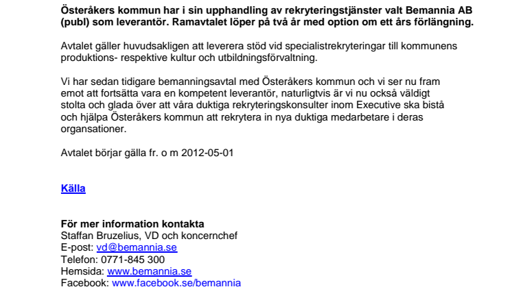 Bemannia blir leverantör av rekryteringstjänster till Österåkers kommun