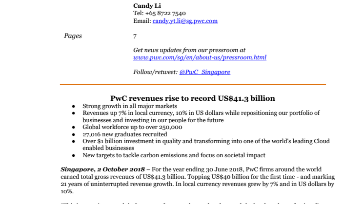 PwC revenues rise to record US$41.3 billion