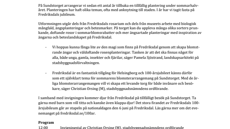 Pressinbjudan: Sundstorget hyllar Fredriksdal med jubileumsplantering