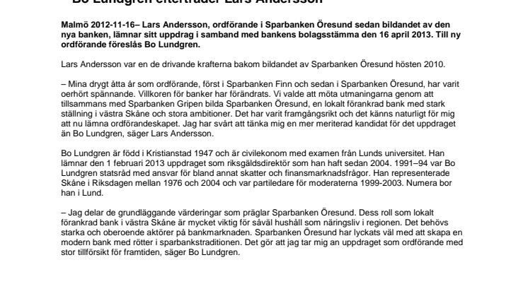 Ordförandebyte i Sparbanken Öresund  – Bo Lundgren efterträder Lars Andersson 