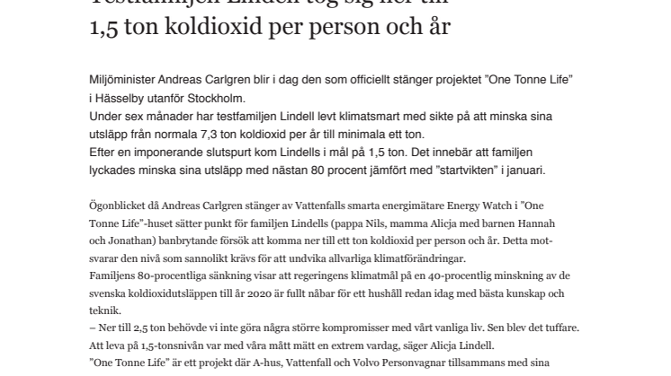 Testfamiljen Lindell tog sig ner till 1,5 ton koldioxid per person och år