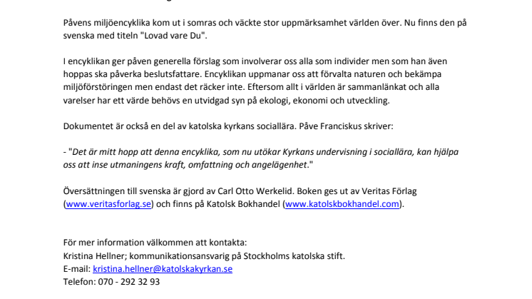 Påvens miljöencyklika i svensk översättning
