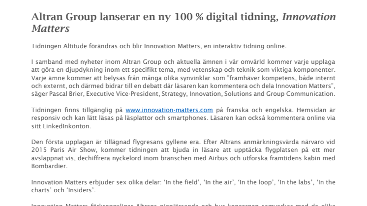 Altran Group lanserar en ny 100 % digital tidning, Innovation Matters 