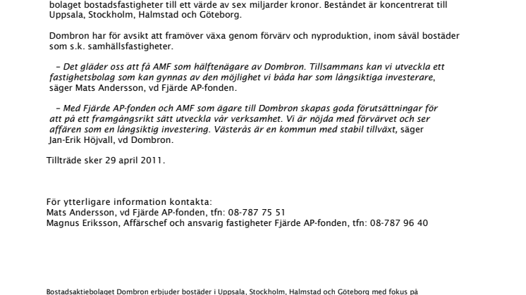 AMF ny delägare i fastighetsbolaget Dombron