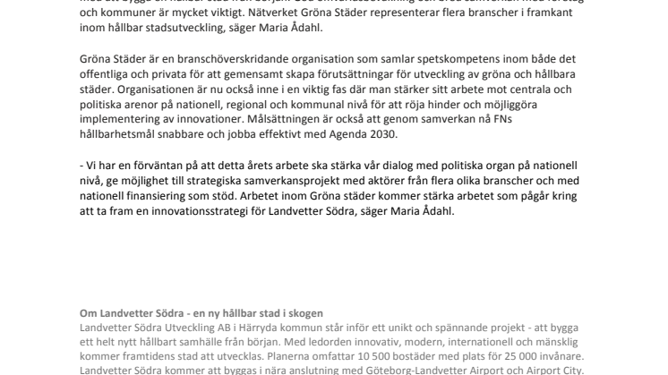 Landvetter Södra Utveckling AB's vd tar plats i styrelsen för Gröna Städer