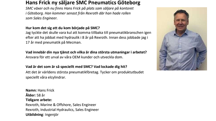 Hans Frick ny säljare SMC Pneumatics Göteborg
