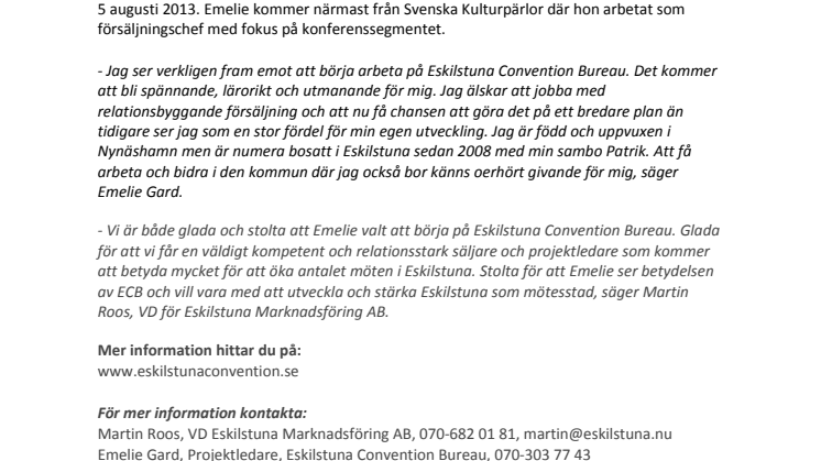 Emelie Gard ny projektledare till Eskilstuna Convention Bureau!