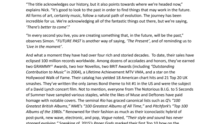Duran Duran "FUTURE PAST" - engelsk albumbiograif