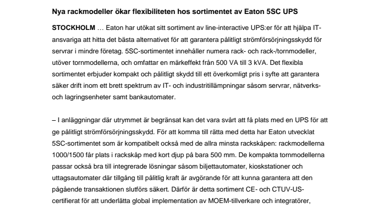 Nya rackmodeller ökar flexibiliteten hos sortimentet av Eaton 5SC UPS 