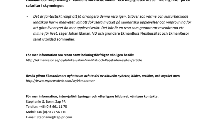 EkmanResor upprepar succéresan till Sydafrika