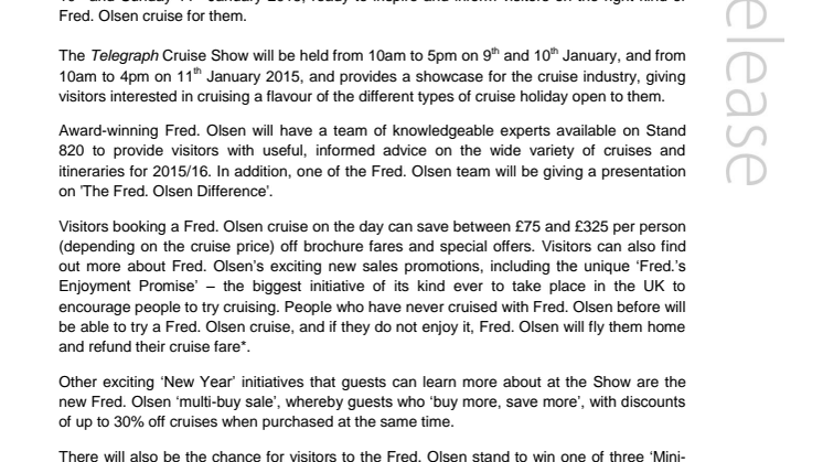 Join ‘Best Value for Money’ Fred. Olsen Cruise Lines at the Telegraph Cruise Show London 2015 | ExCeL, 9th to 11th January 2015, Stand 820