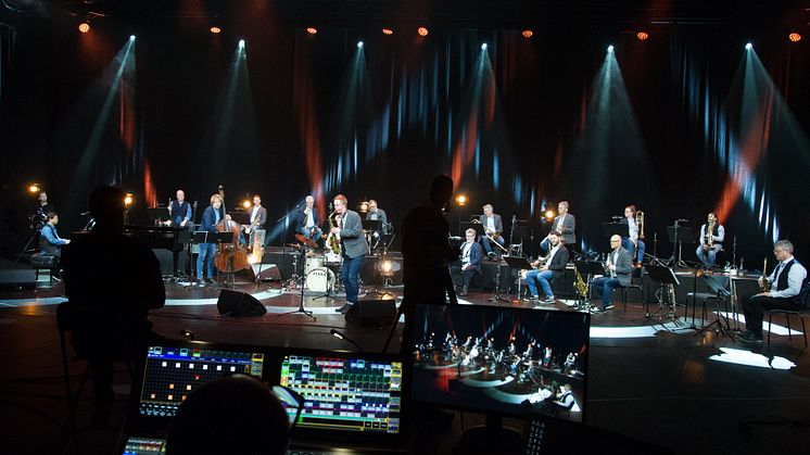 Inspelningen av den digitala konsert som nu går att se via Bohuslän Big Bands hemsida. Foto: Anneli Johansson/Vara konserthus