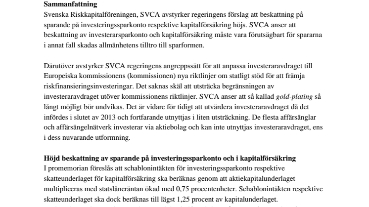 Remissyttrande Promemorian Vissa kapitalbeskattningsfrågor inför budgetpropositionen för 2016
