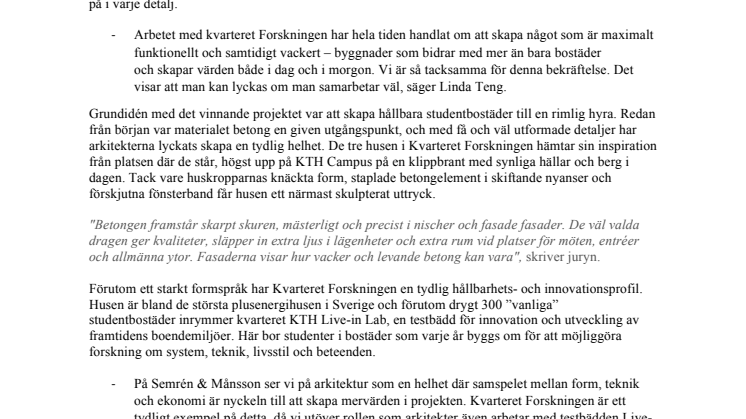Semrén & Månssonarkitekt vinner tungt pris för studentbostäder på KTH