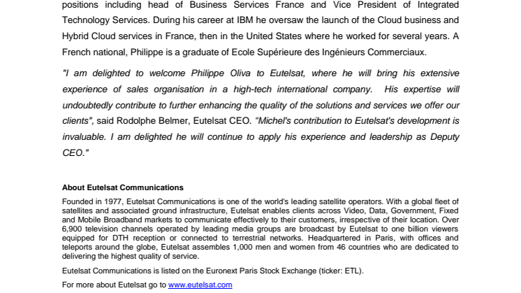 Philippe Oliva joins Eutelsat as EVP of Sales and Products
