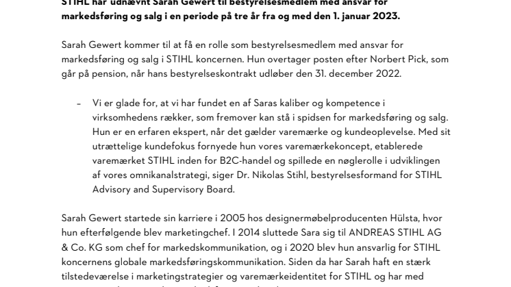 STIHL REKRUTTERER SARAH GEWERT FRA EGNE RÆKKER TIL EN POST SOM BESTYRELSESMEDLEM MED ANSVAR FOR MARKEDSFØRING OG SALG MED START 1. JANUAR 2023.pdf