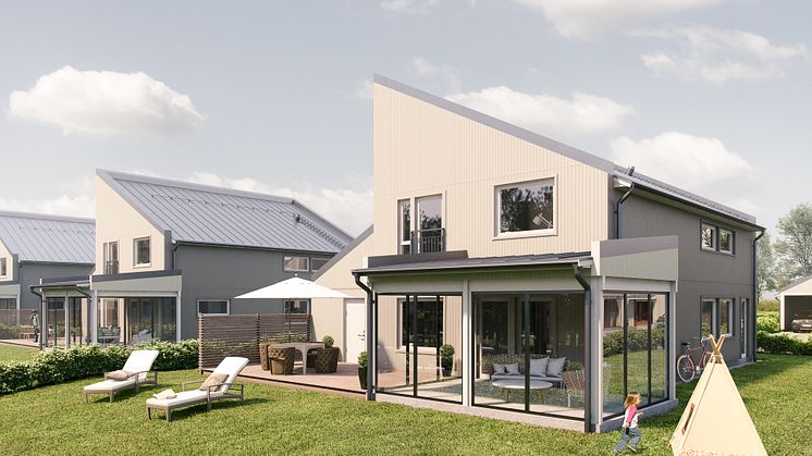3D-illustration över Villa Herrgårdens baksida - Nöbbele Herrgård