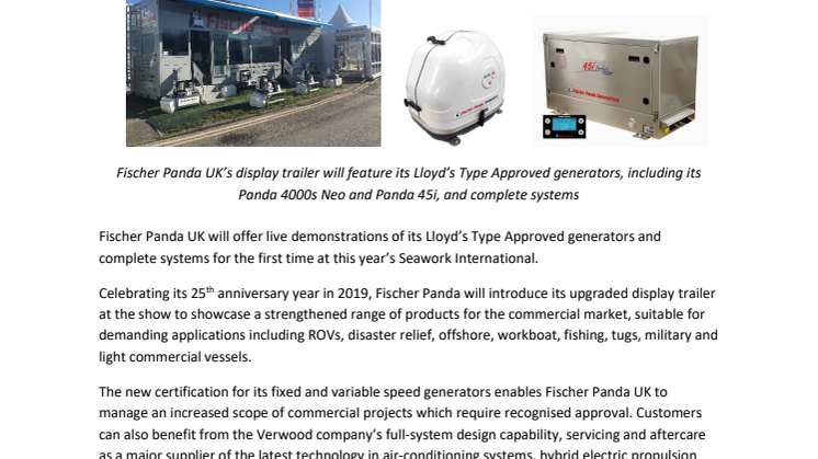 Seawork International: Fischer Panda UK Display Trailer to Feature Live Demonstrations of Lloyd’s Approved Generators and Complete Systems