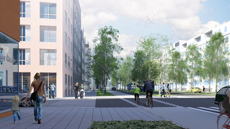 Möjlig utformning av väg 503 (gamla E4) med en framtida esplanad genom Teg inramad av nya stadskvarter. Från nuvarande korsning med Tegsvägen norrut. Illustration Tyréns.