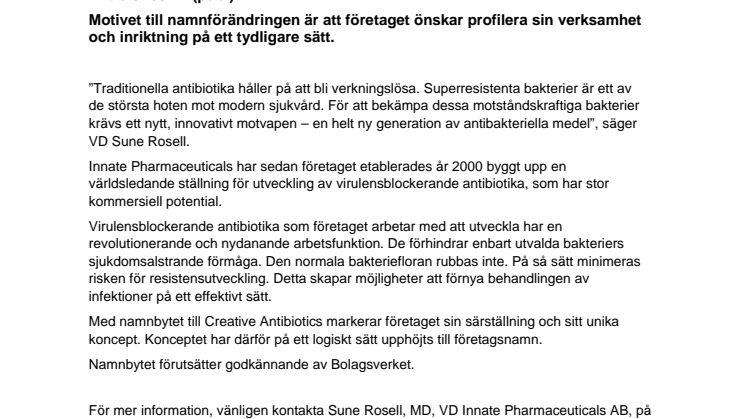 Innate Pharmaceuticals byter namn till Creative Antibiotics
