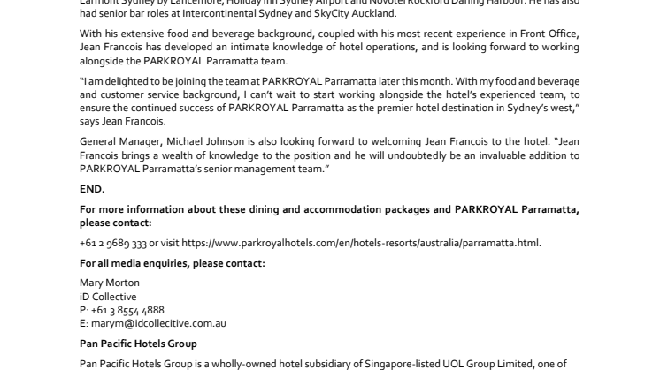 PARKROYAL Parramatta Appoints New Food & Beverage Manager