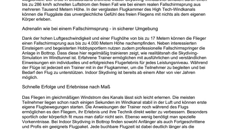 Pressetext Indoor Skydiving Bottrop