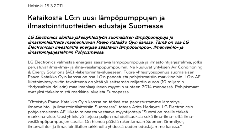 Kataikosta LG:n uusi lämpöpumppujen ja ilmastointituotteiden edustaja Suomessa