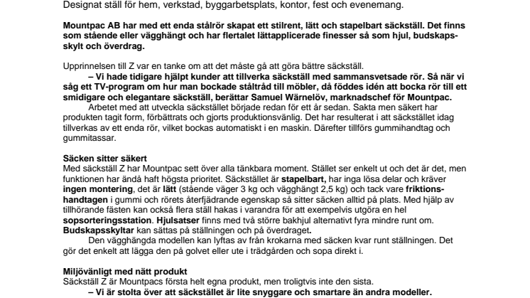 Nytt, innovativt säckställ från Mountpac